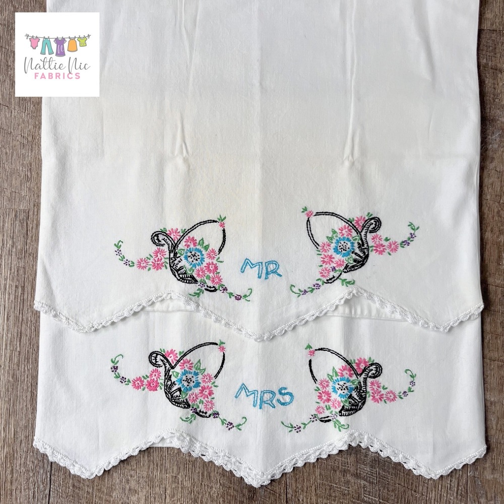 2 Vintage Embroidered Mr Mrs Pillowcases crochet trim, standard size, Springmaid